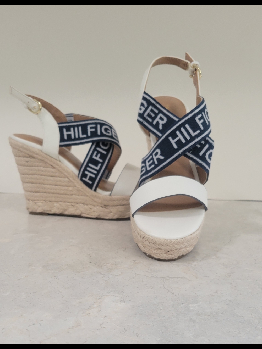 Tommy Hilfiger White Espadrille Wedge Sandals with Navy Logo Straps
